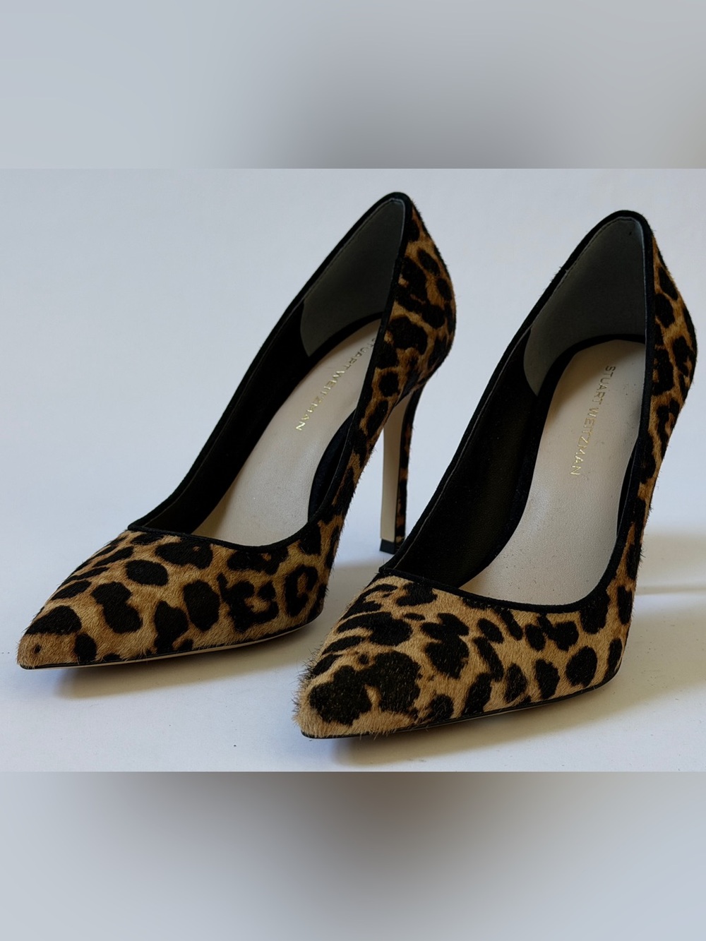 Stuart Weitzman Danni 95 Leopard Fur Pointed Toe Stiletto Pumps - Brown/Black